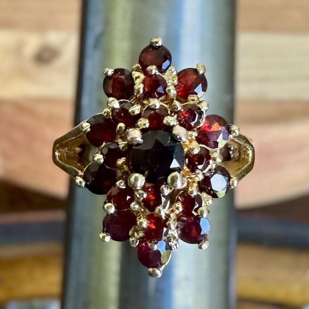 Vintage Artisan Cocktail Ring Size 7 Natural Spessartite Garnet Gems Gold Plated